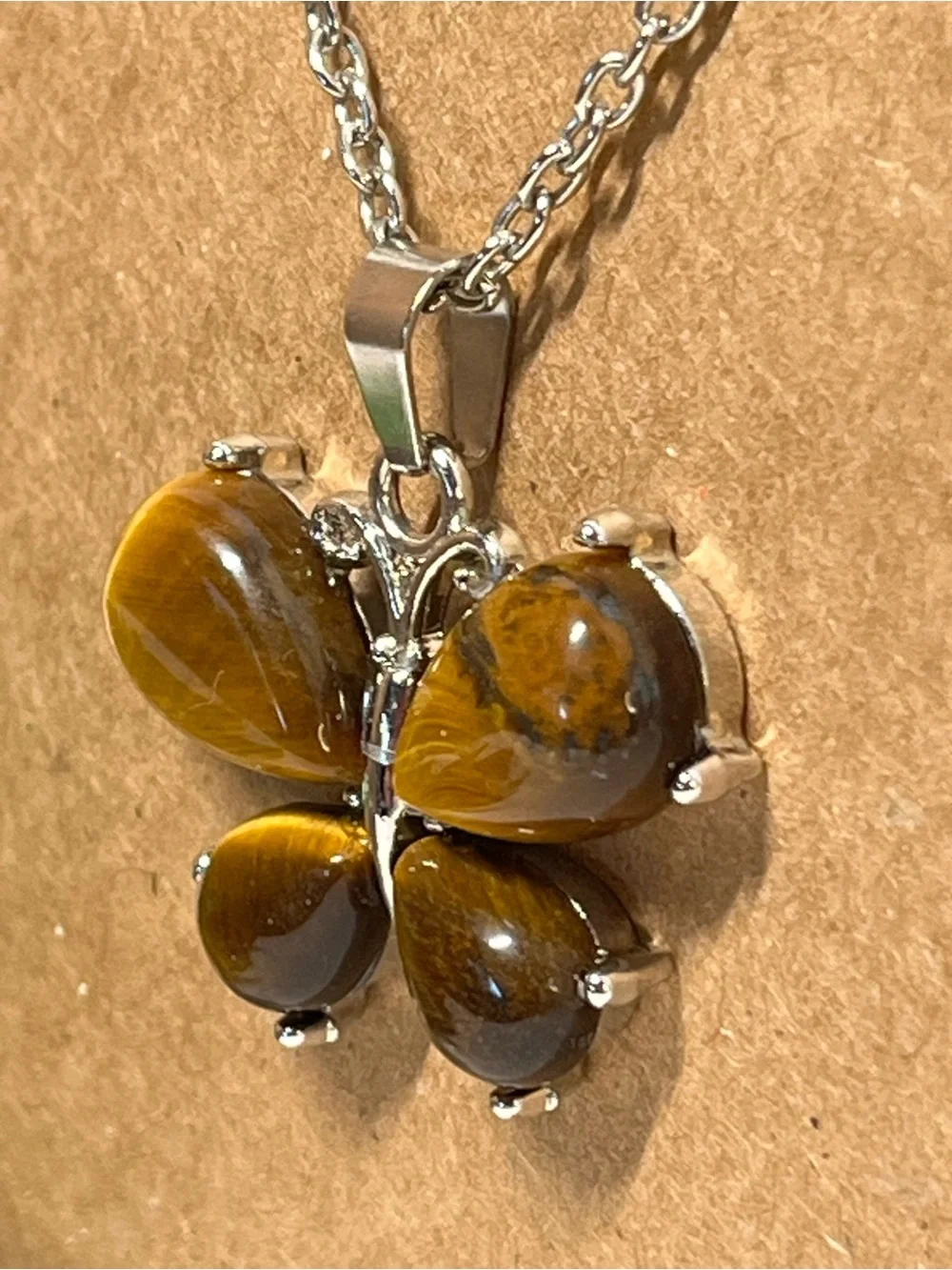 Tiger Eye Butterfly Pendant Necklace Silver Tone Brown Gemstone NEW